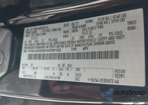 2017 Ford Escape Se from USA, damaged, VIN 1FMCU9GD8HUE90122